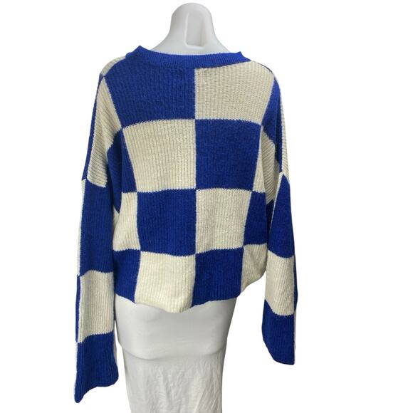 Pull & Bear Blue Cream Checkered Colorblock Long Sleeve Sweater Top Size L - Picture 2 of 4